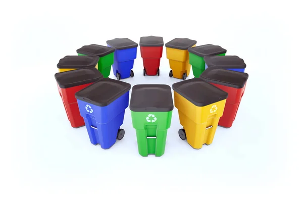 Birçok plastik çöp bidonları logo geri dönüşüm ile renk. Beyaz arka planda yuvarlağına rest çekti, izole