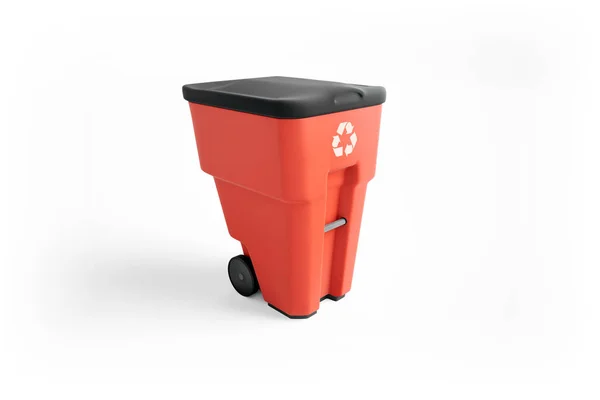 Красный Пластиковый Мусорный Бак Логотипом Переработки Изолированные Белом Фоне — стоковое фото
