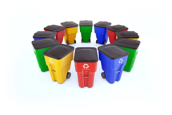 Birçok plastik çöp bidonları logo geri dönüşüm ile renk. Beyaz arka planda yuvarlağına rest çekti, izole