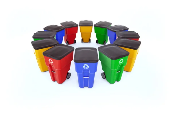 Birçok plastik çöp bidonları logo geri dönüşüm ile renk. Beyaz arka planda yuvarlağına rest çekti, izole