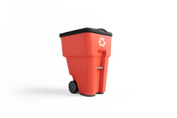 Красный Пластиковый Мусорный Бак Логотипом Переработки Изолированные Белом Фоне — стоковое фото