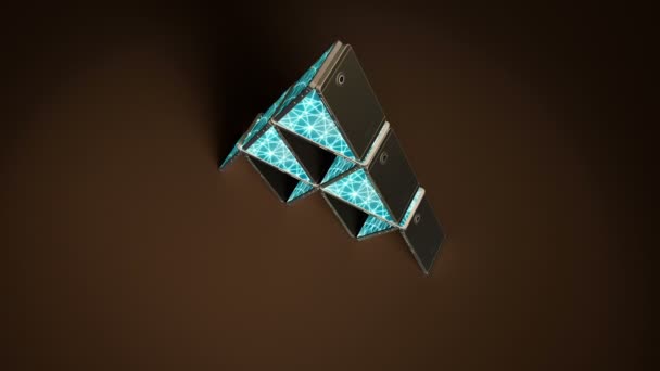 Maison de cartes faite de téléphones intelligents. Réseau neuronal à l'écran. Le symbole de l'instabilité de l'intelligence artificielle. Vue du dessus 60 images par seconde animation en boucle .