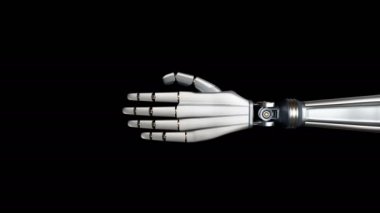 Yapay palmiye vererek başparmak yukarı ve aşağı. Fütüristik cyborg, metal parlar, siyah arka plan, 60 fps animasyon.