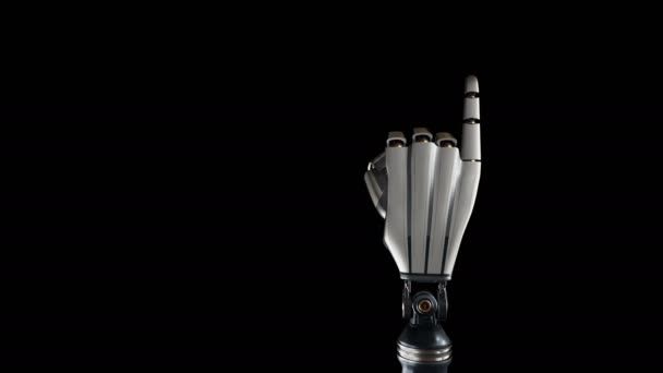 Cyborg Robotic Palm Counts Fingers Metal Shines Black Background Fps — Stock Video