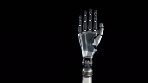 Cyborg Roboterarm Aus Metall Zeigt Zeigefinger Betrachter Metall Glänzt Schwarzer — Stockvideo