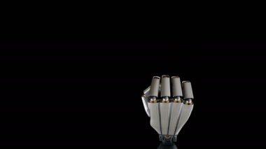  Metal robot kol orta parmak izleyiciye gösterir. Fuck jest, metal parlar, siyah arka plan, 60 fps animasyon.