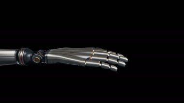 Robot el başparmak pes etmek. Fütüristik cyborg, metal parlar, siyah arka plan, 60 fps animasyon.