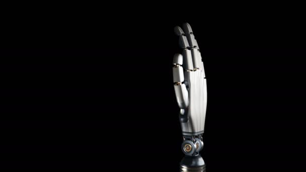 Ρομποτική Παλάμη Δείχνει Εντάξει Σύμβολο Φουτουριστικό Βραχίονα Μέταλλο Λάμπει Μαύρο — Αρχείο Βίντεο