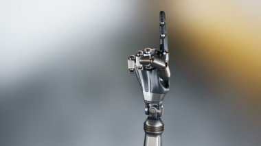 Metal robot robotik kol görüntüleyiciye işaret parmağı işaret eder. Metal parlar. Koyu arka plan. Alfa mat ile 60 fps animasyon.