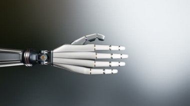 Robot el başparmak pes etmek. Fütüristik cyborg, metal parlar, koyu arka plan, 60 fps animasyon, Alfa mat.