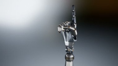 Metal robot robotik kol görüntüleyiciye işaret parmağı işaret eder. Metal parlar. Koyu arka plan. Alfa mat ile 60 fps animasyon.