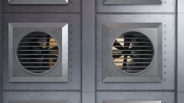Industrial ventilation fans during rotation. Indoor or outdoor cooling or heating process. 60 fps seamless animation. — Stock Footage Industrial Ventilation Fans Rotation Indoor Outdoor Cooling Heating Process Fps Stock Video