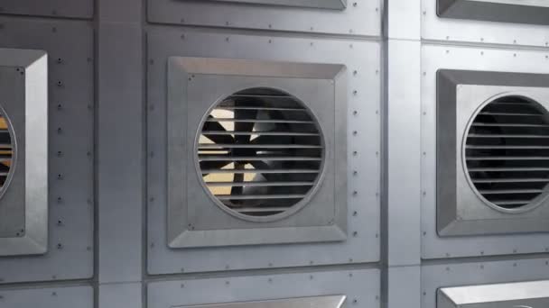 Industrial ventilation system, fans during rotation. Indoor or outdoor cooling or heating process. 60 fps seamless animation. — Stock Footage Industrial Ventilation System Fans Rotation Indoor Outdoor Cooling Heating Process Royalty Free Stock Footage
