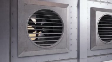 Döndürme sırasında birçok endüstriyel havalandırma fanı. Klima sistemi. Kapalı veya açık soğutma veya Isıtma işlemi. Kamera uzaklaştırmak, 60 fps animasyon.