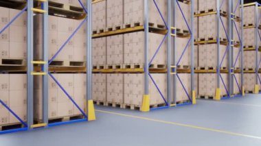 Sarı metal raflar, modern ambar iç karton kutular ile paletler. 60 fps animasyon.