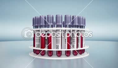 Vacutainers ile beyaz sahibi kan örnekleri ile dolu. Kamera zoom. 60 fps animasyon.