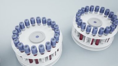 Cam vacutainers beyaz sahipleri satırda konuya dayandırıyor kan örnekleri ile dolu. Kamera slaytlar. Loopable 60 fps animasyon.