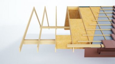 Çatı konstrüksiyonu, yapıcı ve teknolojik katmanları, kahverengi kiremit teknik bölümünde. 60 fps animasyon.