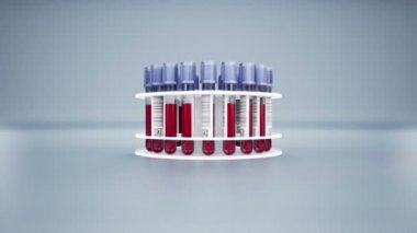 Vacutainers ile beyaz sahibi kan örnekleri ile dolu. Kamera zoom ayarlamak için. 60 fps animasyon.