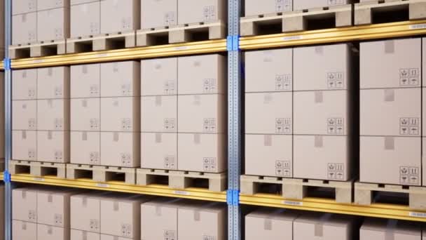 Large Metal Yellow Shelves Pallets Cardboard Boxes Modern Warehouse Interior — Stock Video
