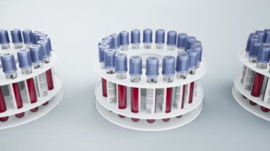 Vacutainers beyaz sahipleri satırda konuya dayandırıyor kan örnekleri ile dolu. Kamera slaytlar. Loopable 60 fps animasyon.