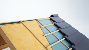 Çatı inşaat, yapıcı ve teknolojik katmanları, teknik kesit koyu gri döşer. 60 fps animasyon.