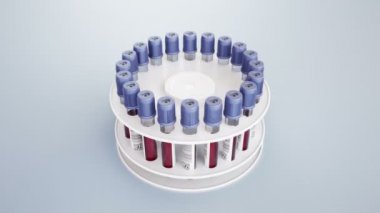 İçi kan örnekleri dolu, boş gezenlerle dolu bir beyaz tutucu. 60 fps animasyon.