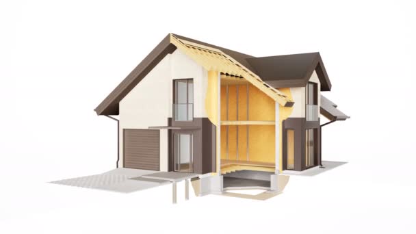 Technical section of building, visible construction of walls, roof and insulation. 60 fps animation. — Stock Footage Technical Section Building Visible Construction Walls Roof Insulation Fps Animation Video Clip