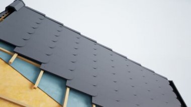 Çatının teknik bölümü, görünür tasarım ve yalıtım. Gri balık karoları. 60 fps animasyon.