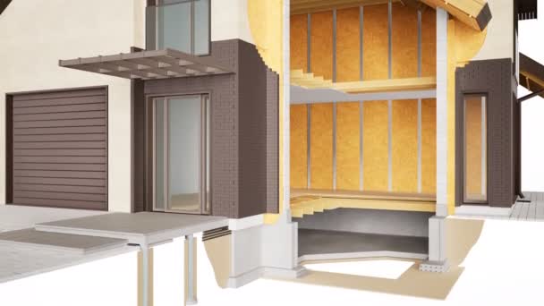 Cutaway of house. Visible structures, interior and insulation. Brown bricks. 60 fps animation. — Stock Footage Cutaway House Visible Structures Interior Insulation Brown Bricks Fps Animation Video Clip