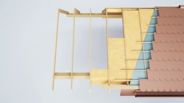 Çatı yapısı, görünür kiriş, yalıtım, kahverengi seramik balık karoları bölümü. 60 fps animasyon.