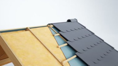 Çatı inşaatı, yapıcı ve teknolojik katmanlar, koyu gri balık fayans teknik kesim. 60 fps animasyon.