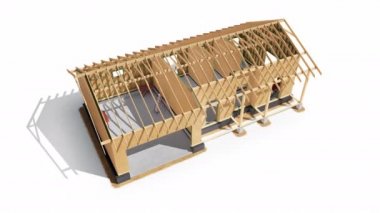 Ahşap çerçeve modern evin yapım aşamaları. Kirişler, Kiriş, osb. Süreç 4/7. 60 fps animasyon.