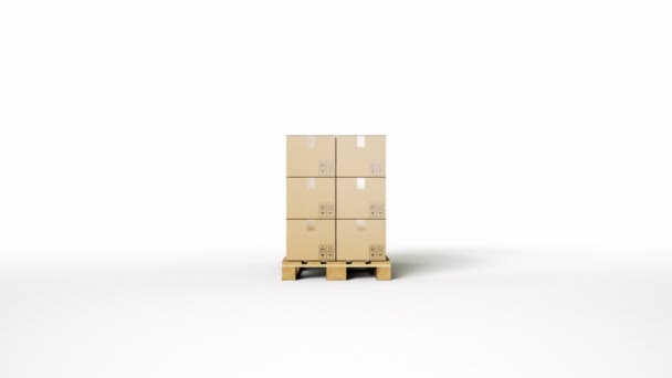 Kamera Zoomen Auf Holzpaletten Kartons Isoliert Auf Weißem Hintergrund Gelagert — Stockvideo