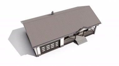 Bitmiş ahşap çerçeve inşaat evi. Cephede beyaz sıva ve bitümlü yumuşak çatı. Beyaz arka planda izole edilmiş. 60 fps animasyon.