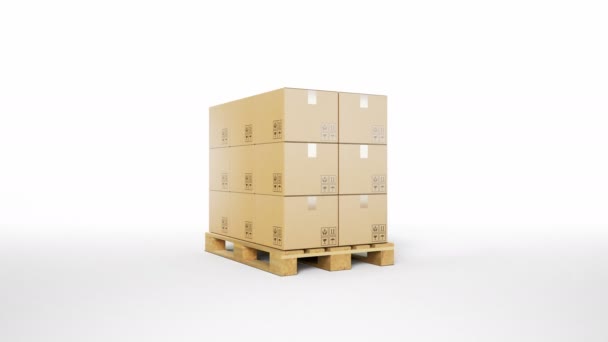 Cardboard Boxes Wooden Pallet Isolated White Background Fps Animation — Stock Video