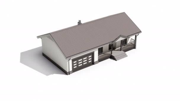 Finished wood frame construction house with plaster on facade and bituminous soft roofing isolated on white background. 60 fps animation. — Stock Footage Finished Wood Frame Construction House Plaster Facade Bituminous Soft Roofing Stock Video