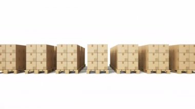 Beyaz arka plan üzerinde mal ile karton kutular ile paletler Massive. 60 fps animasyon.