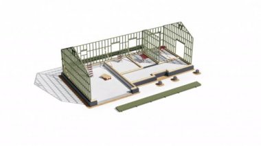 Çerçeve inşaat evin inşaat sürecinin farklı aşamalarında, aşamaları karşılaştırma. 60 fps animasyon.