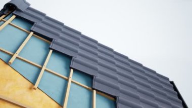 Çatı kesiti, görünür yalıtım, yapı, yün ve klasik gri seramik karolar. 60 fps animasyon.