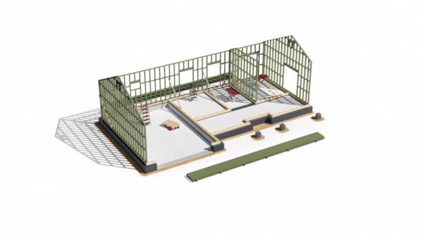 Différentes étapes du processus de construction de la maison de construction à ossature, comparaison des étapes. Animation 60 ips .