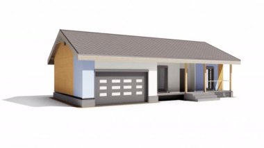 Modern ahşap çerçeveli ev, beyaz arka plan yalıtım yükleme süreci. 60 fps animasyon.