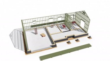 Çerçeve inşaat evin inşaat sürecinin farklı aşamalarının karşılaştırılması. 60 fps animasyon.