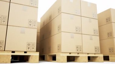 Ahşap paletler, kahverengi karton kutular beyaz arka plan üzerinde sırayla düzenlenmiştir. Loopable 60 fps animasyon.