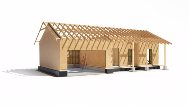 Set Stufe Der Holzrahmenstruktur Und Sperrholzwände Des Gebäudes Entwicklung Gange — Stockvideo