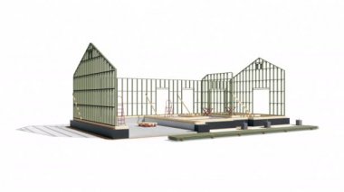 Çerçeve inşaat evi, bina aşamalarının karşılaştırılması bina sürecinin aşamaları. 60 fps animasyon.