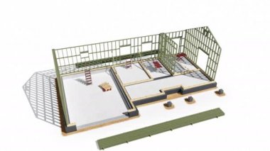 Sıva kaplama ile çerçeve inşaat ev yapı sürecinin farklı aşamaları. 60 fps animasyon.