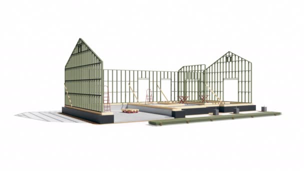 Stages of building process of frame construction house with plaster finishing. 60 fps animation. — Stock Footage Stages Building Process Frame Construction House Plaster Finishing Fps Animation Stock Footage
