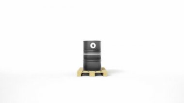 Beyaz backgroung izole ahşap palet üzerinde bulunan petrol sembolü ile siyah metal varil. Kamera dolly hareketi, zoom. 60 fps animasyon.