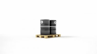 Beyaz arka plan üzerinde izole ahşap palet üzerinde bulunan petrol sembolü ile iki metal siyah varil. Fıçılar bantla bağlanmış. Kamera dolly hareketi, zoom. 60 fps animasyon.